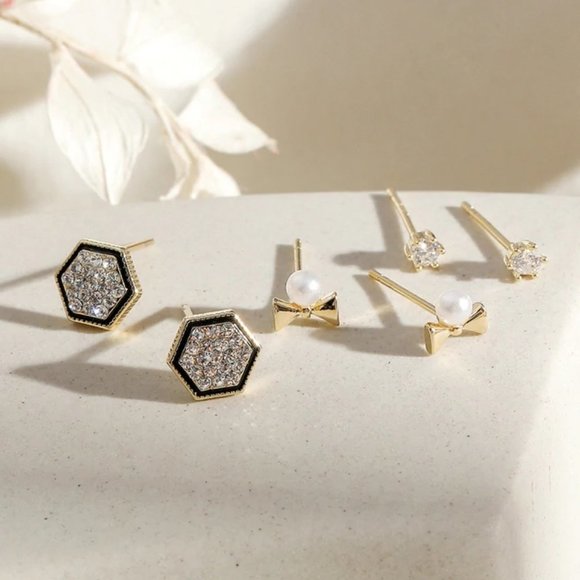 [3 Pairs] 925 Sterling Silver Diamond Earrings F - Picture 2 of 7